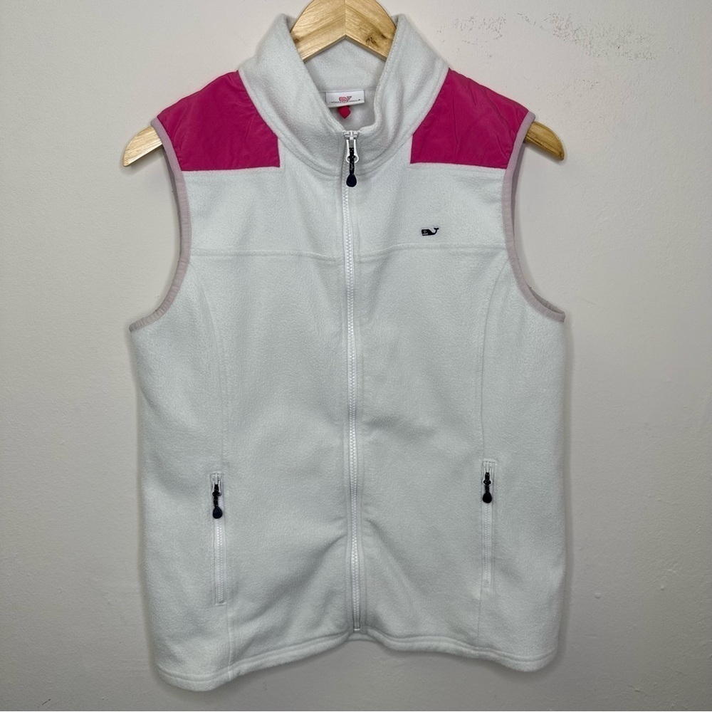 Vineyard Vines Fleece Jacket‎ Women White Solid Full Zip Vest Pocket Collar Sz M